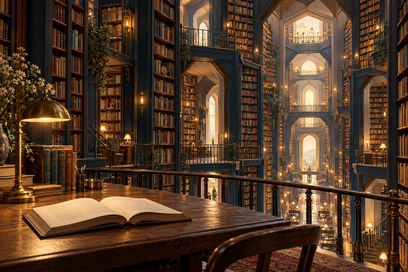 An imagined vast library, with tiers of bookshelves receding into warm light