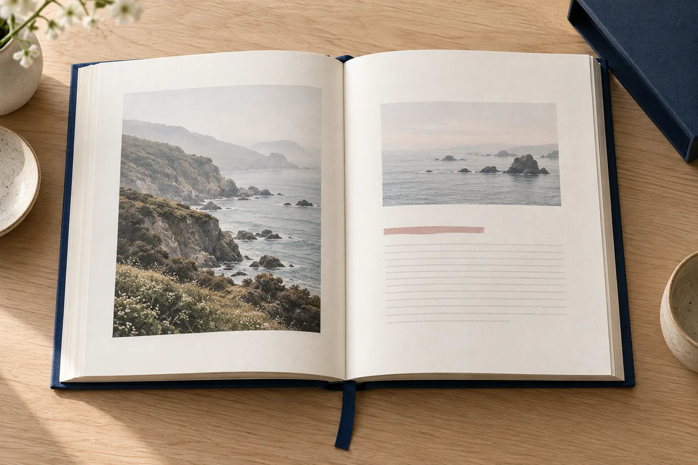 An open book on a warmly lit reading desk